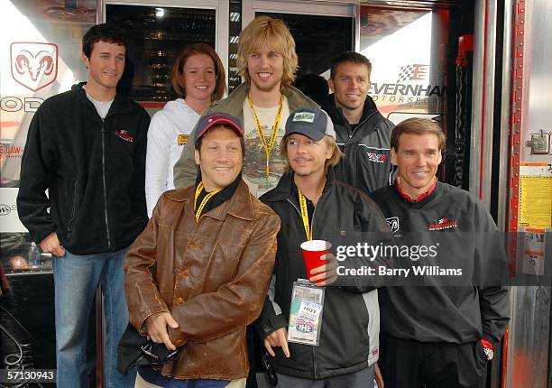 Kasey Kahne, Jeremy Mayfield, Rob Schneider, Erin Crocker, John Heder. David Spade, Scott Riggs and Ray Evernham pose for a photo during the NASCAR...