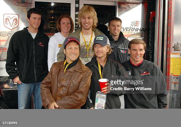 Kasey Kahne, Jeremy Mayfield, Rob Schneider, Erin Crocker, John Heder. David Spade, Scott Riggs and Ray Evernham pose for a photo during the NASCAR...