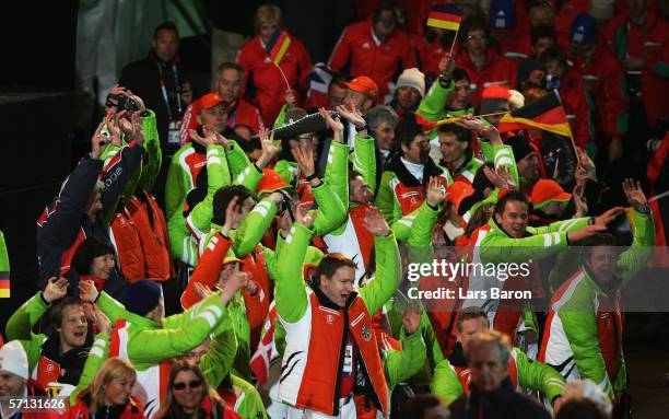 Paralympic athletes from Germany enter the stage during the closing ceremony of the Turin 2006 Winter Paralympic Games held at the Medal Plaza on...