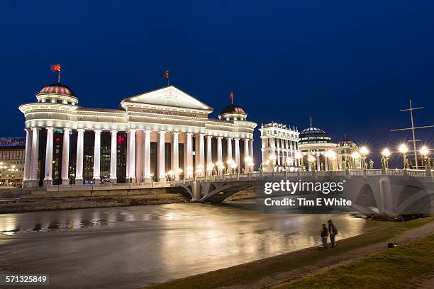 skopje, renovated city at night, macedonia - skopje stock pictures, royalty-free photos & images