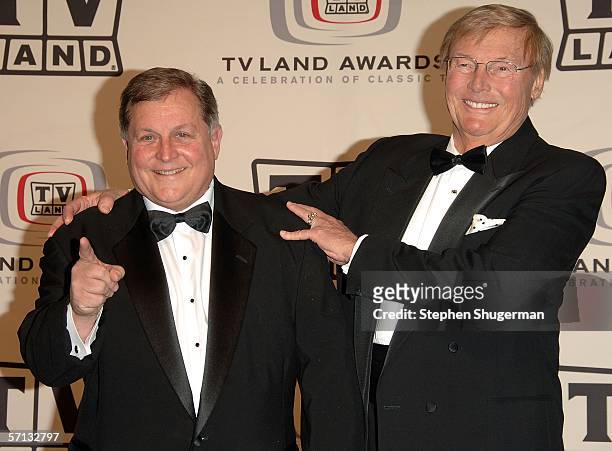 Actors Burt Ward and Adam West of "Batman" pose in the press room at the 2006 TV Land Awards at the Barker Hangar on March 19, 2006 in Santa Monica,...