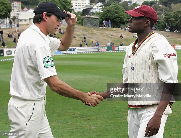 Stephen Fleming captain of the New Zealand BlackCaps gets congradulated by Daren Powell of the West Indies after the BlackCaps won the second test...