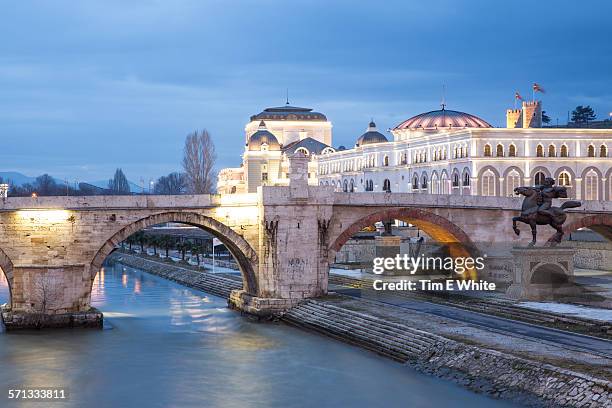 old town bridge at dusk, skopje, macedonia - balkans stock pictures, royalty-free photos & images