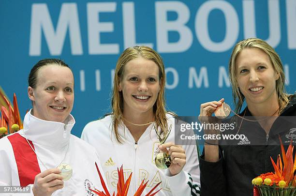 Gold medallist Joanna Fargus of Australia , silver medallist Melanie Marshall of England and bronze medallist Hannah McLean of New Zealand pose on...