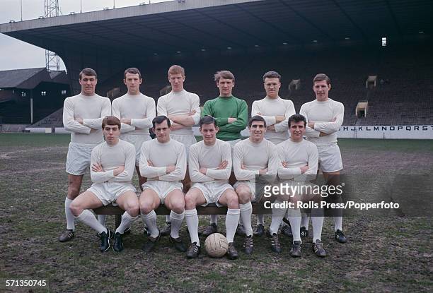 View of the Sheffield Wednesday football team squad posed together on the pitch at Hillsborough Stadium in Owlerton, Sheffield in April 1966. Back...
