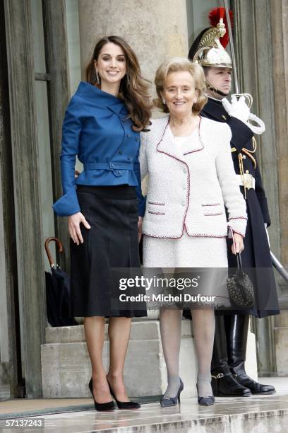 Bernadette Chirac , wife of French President Jacques Chirac, stands with Queen Rania of Jordan at Elysee Palace on March 20, 2006 in Paris, France.