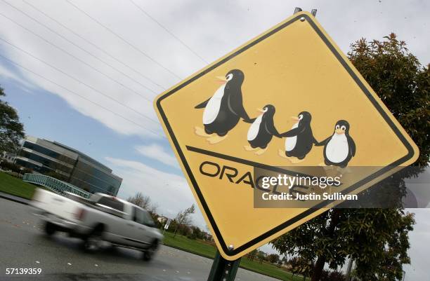 Sign is seen outside of the Oracle Corp. Headquarters March 20, 2006 in Redwood City, California. Oracle Corp.?s quarterly profit increased 42...