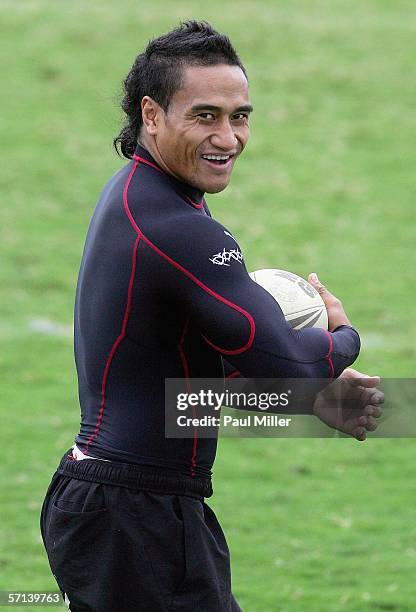 Tevita Latu of the Cronulla Sharks smiles during a training session at Toyota Park on March 21, 2006 in Sydney, Australia.