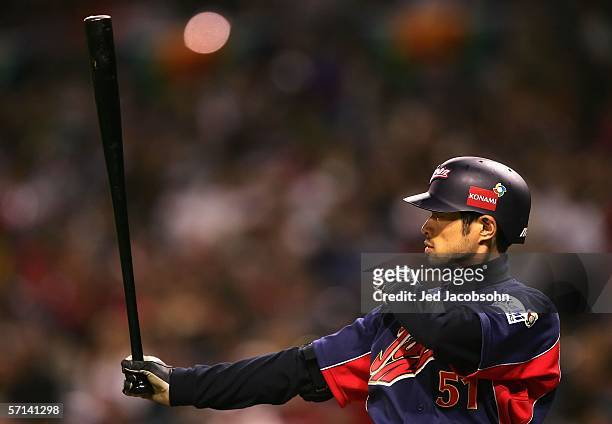 Ichiro Suzuki of Team Japan bats against Team Cuba during the Final game of the World Baseball Classic at Petco Park on March 20, 2006 in San Diego,...