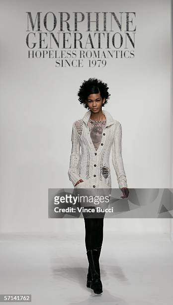 Model walks the runway at the Morphine Generation Fall 2006 show during Mercedes-Benz Fashion Week at Smashbox Studios on March 20, 2006 in Culver...