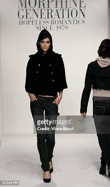 Models walk the runway at the Morphine Generation Fall 2006 show during Mercedes-Benz Fashion Week at Smashbox Studios on March 20, 2006 in Culver...