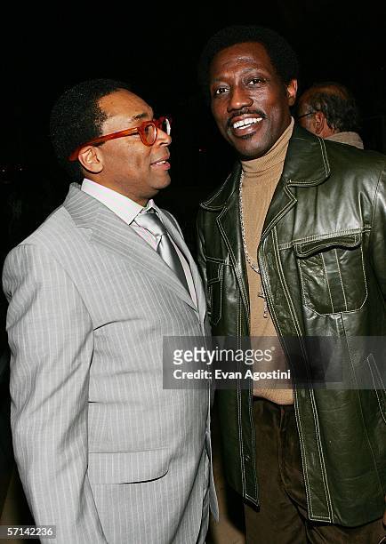 Director Spike Lee and actor Wesley Snipes attend the "Inside Man" premiere after party at Rose Hall, Lincoln Center on March 20, 2006 in New York...
