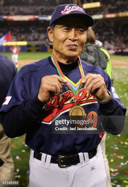 Manager Sadaharu Oh of Team Japan celebrates after defeating Team Cuba in the Final game of the World Baseball Classic at Petco Park on March 20,...