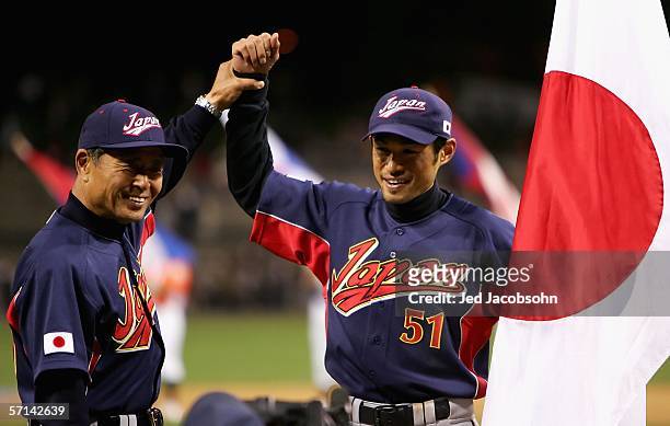 Manager Sadaharu Oh and Ichiro Suzuki of Team Japan celebrate after defeating Team Cuba in the Final game of the World Baseball Classic at Petco Park...