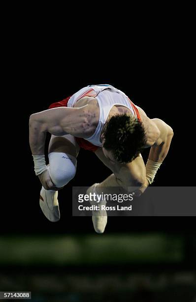 Luke Folwell of England competes in the Men's Vault Final in the artistic gymnastics at the Rod Laver Arena during day six of the Melbourne 2006...