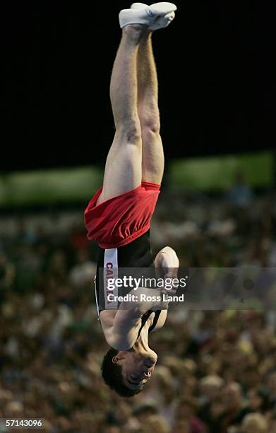 Nathan Gafuik of Cananda competes in the Men's Vault Final in the artistic gymnastics at the Rod Laver Arena during day six of the Melbourne 2006...