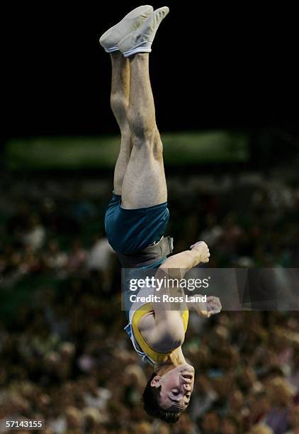 Samuel Offord of Australia competes in the Men's Vault Final in the artistic gymnastics at the Rod Laver Arena during day six of the Melbourne 2006...