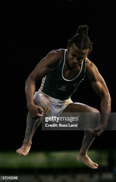 Mayank Srivastava of India competes in the Men's Vault Final in the artistic gymnastics at the Rod Laver Arena during day six of the Melbourne 2006...