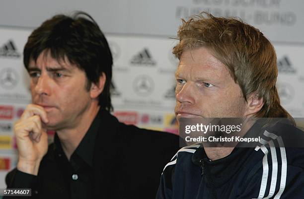 Assistant coach Joachim Low and goalkeeper Oliver Kahn attend the Press conference of the German National Team on March 21, 2006 in Dusseldorf,...