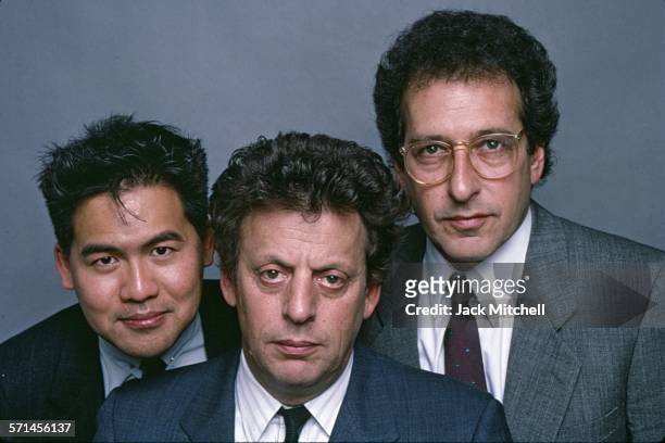 Collaborators Philip Glass, David Henry Hwang and Jerome Serlin in 1987.