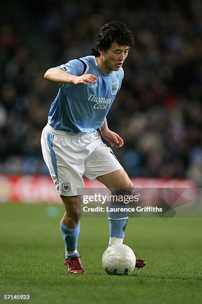 Jihai Sun of Manchester City in action during the FA Cup Quarter Final match between Manchester City and West Ham United at The City of Manchester...