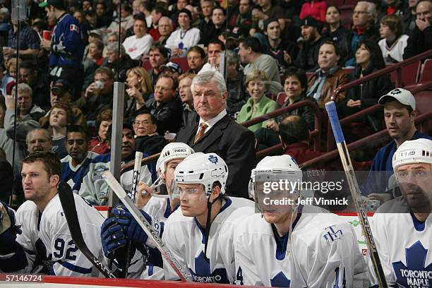 Head Coach Pat Quinn of the Toronto Maple Leafs looks on during their NHL game against the Vancouver Canucks at General Motors Place on January 10,...