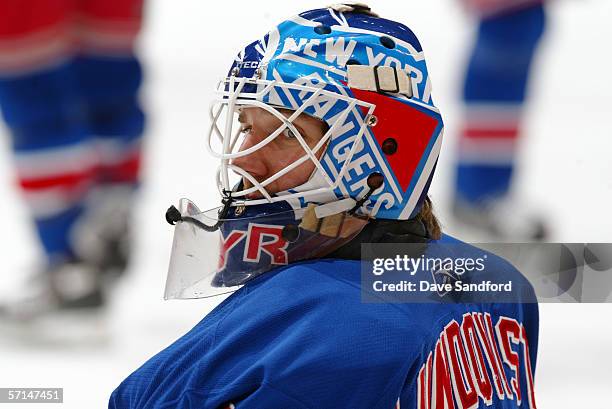 Henrik Lundqvist of the New York Rangers looks on against the Toronto Maple Leafs at the Air Canada Centre on February 11, 2006 in Toronto, Ontario,...