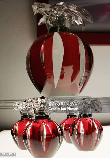 Perfume flacons are displayed at the launch of the new perfume "Delices de Cartier" on March 21, 2??6 in Munich, Germany.