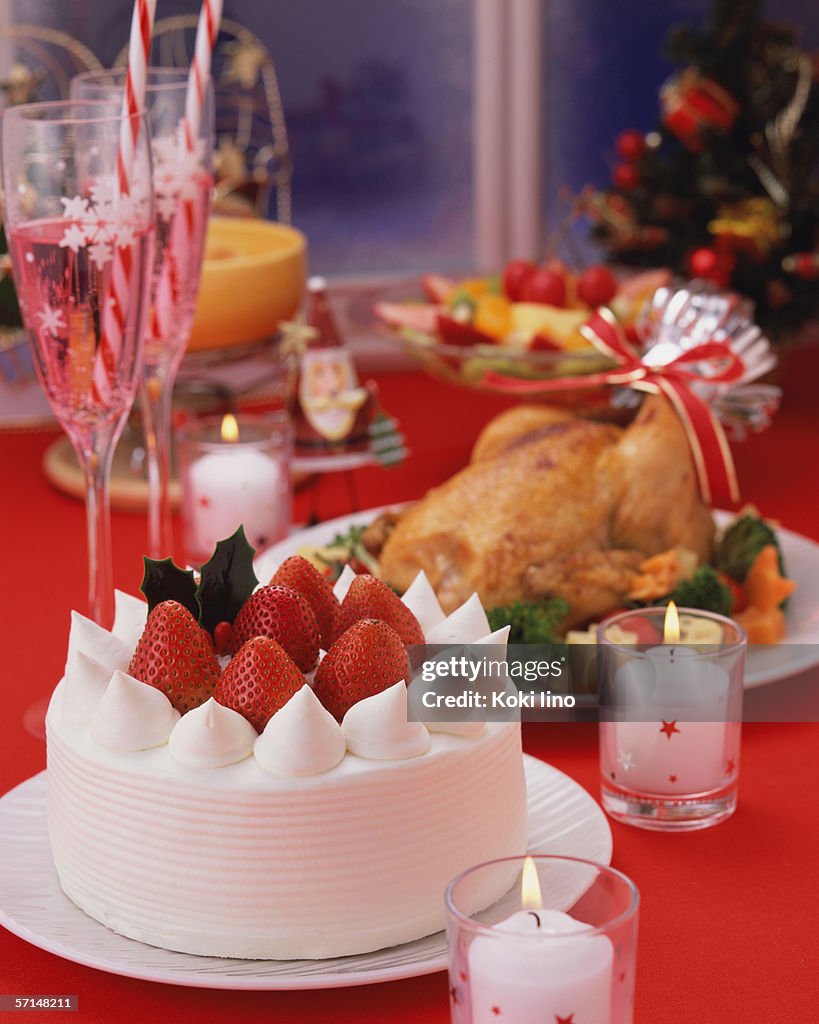 Roast chicken and strawberry cake