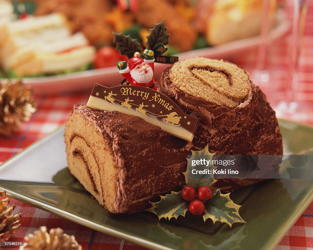 Log shaped chocolate cake for Christmas