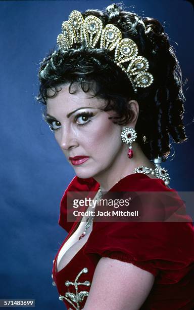 Lyric-coloratura soprano Anna Moffo photographed in costume as "Tosca" in 1977.