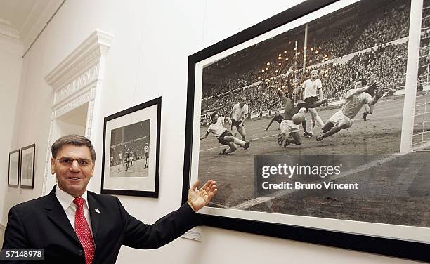 Former footballer Wolfgang Weber, who played in the 1966 World Cup final, points him self out in a picture from the game at the Heroes '66 Reception...