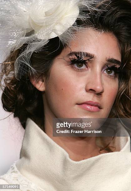 Model walks the runway at the Uriel Saenz Fall 2006 show during the Mercedes Benz Fashion Week at Smashbox Studios on March 21, 2006 in Culver City,...
