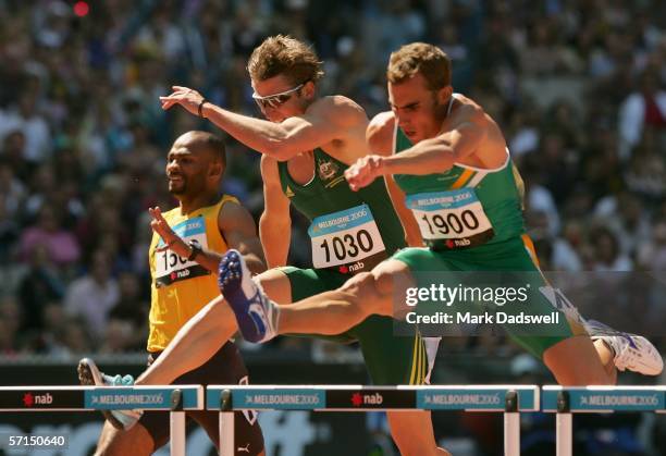 Kemel Thompson of Jamaica, Brendan Cole of Australia and Pieter De Villiers of South Africa compete during the men's 400 metres hurdles semi finals...