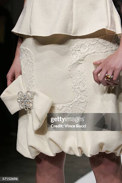 Model walks the runway at the Uriel Saenz Fall 2006 show during the Mercedes Benz Fashion Week at Smashbox Studios on March 21, 2006 in Culver City,...