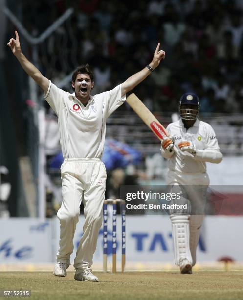 James Anderson of England successfully appeals for the wicket of Virender Sehwag during the fifth day of the Third Test between India and England at...