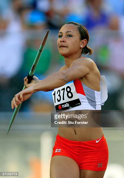 Jessica Ennis of England competes during the women's Heptathlon Javelin Throw at the athletics during day seven of the Melbourne 2006 Commonwealth...