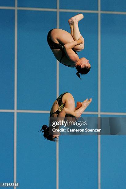 Loudy Tourky and Chantlle Newbery of Australia compete in the Women's Women's Synchronised 10m Platform FinaL during the diving at the Melbourne...