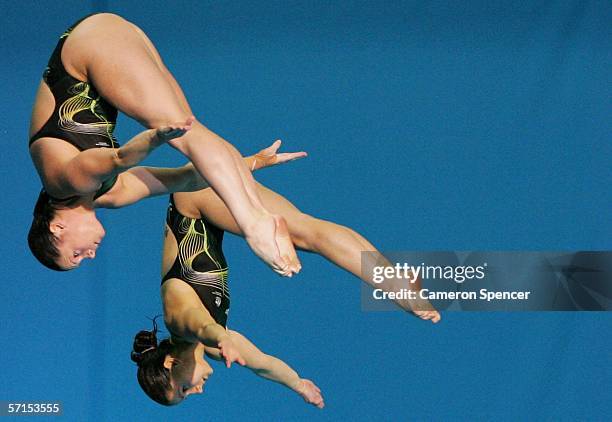 Loudy Tourky and Chantelle Newbery of Australia compete in the Women's Women's Synchronised 10m Platform FinaL during the diving at the Melbourne...