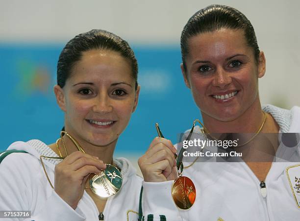Loudy Tourky and Chantelle Newbery of Australia pose on the podium with their gold medals in the Women's Women's Synchronised 10m Platform FinaL...