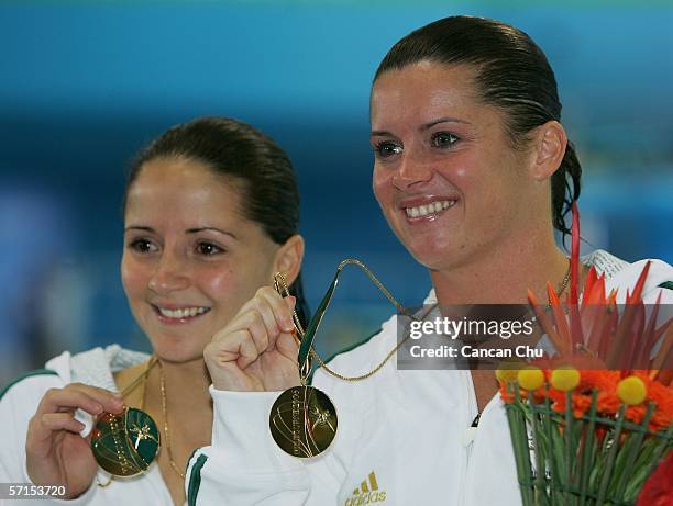 Loudy Tourky and Chantelle Newbery of Australia pose on the podium with their gold medals in the Women's Women's Synchronised 10m Platform FinaL...