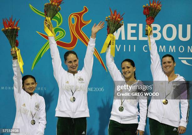 Melissa Wu , Alexandra Croak , Loudy Tourky and Chantelle Newbery all of Australia, wave to spectators after receiving their medals for the women's...