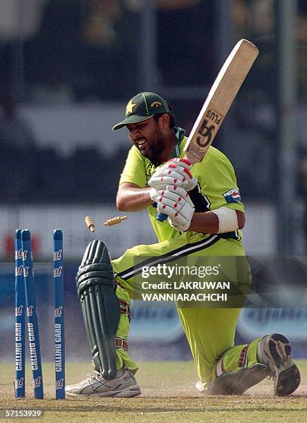 Pakistan cricket captain Inzamam-ul-Haq is clean bowled during the third One Day International match at the Sinhalese Sports Club Ground in Colombo,...