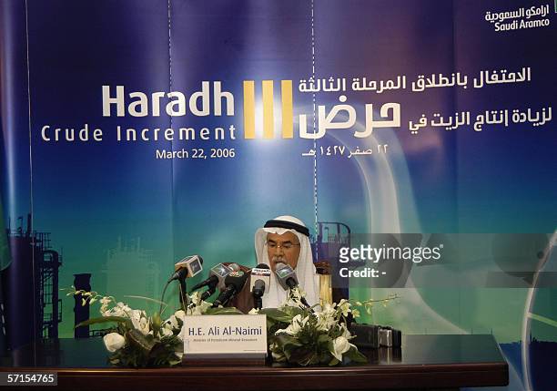 Saudi Oil Minister Ali al-Nuaimi speaks during an inauguration ceremony for a project adding 300,000 barrels of oil to the kingdom's daily production...