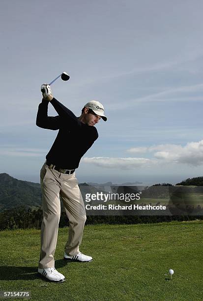 Bradley Dredge of Wales hits a tee shot during the Pro-Am for the Madeira Island Open 2006 at Clube de Golf Santo de Serra on March 22, 2006 in...
