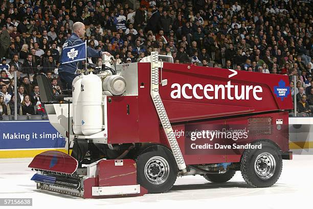 General view at the "Accenture" Zamboni machine cleans the ice during the game between the Boston Bruins and the Toronto Maple Leafs at the Air...