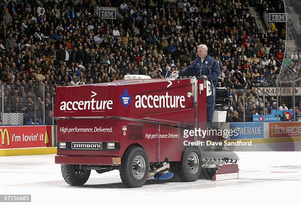 General view at the "Accenture" Zamboni machine cleans the ice during the game between the Boston Bruins and the Toronto Maple Leafs at the Air...