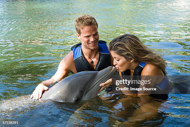 woman kissing dolphin - swimming with dolphins stock pictures, royalty-free photos & images