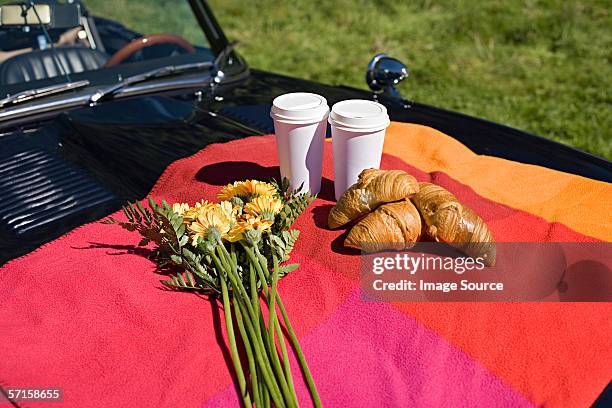 breakfast and flowers on bonnet - landskap stockfoto's en -beelden