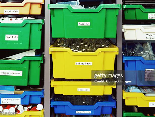 trays of science equipment - filing tray stock pictures, royalty-free photos & images